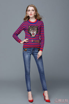 【炫沛2018歐秋裝新款條紋老虎頭亮片刺繡兔絨毛衣廠家批發針織衫152】汕頭市澄海區炫沛毛織廠 - 產品庫